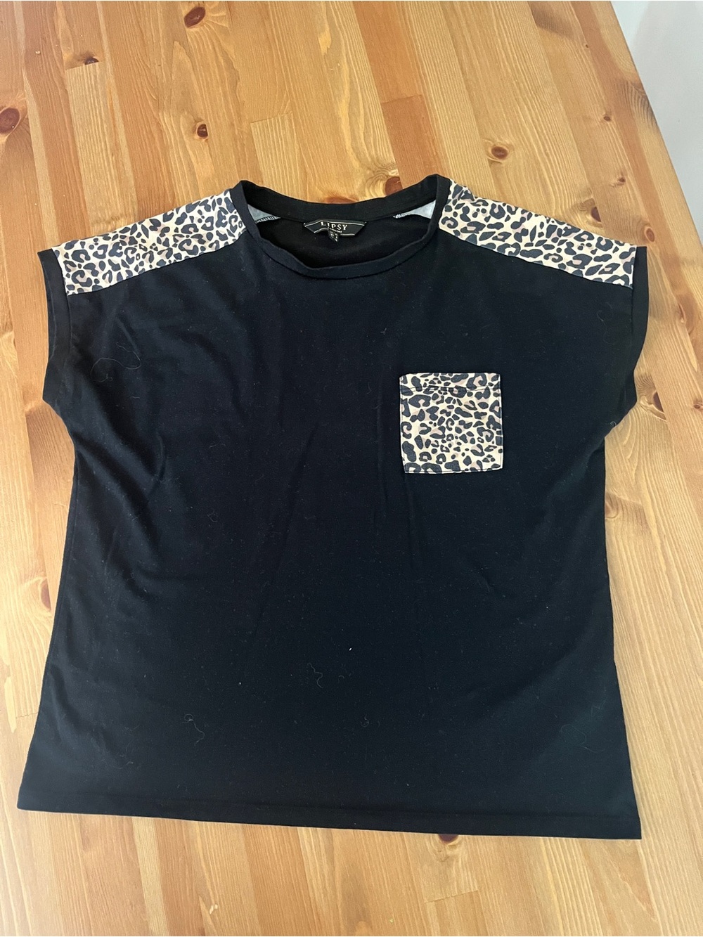 Lipsy Black Tee with Leopard Pocket & Shoulder Panels size 6